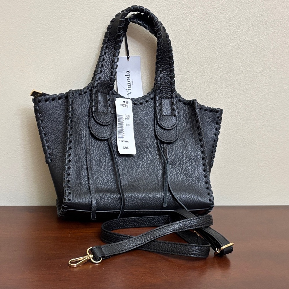 Vimoda black leather handbag braided top handles detachable crossbody strap